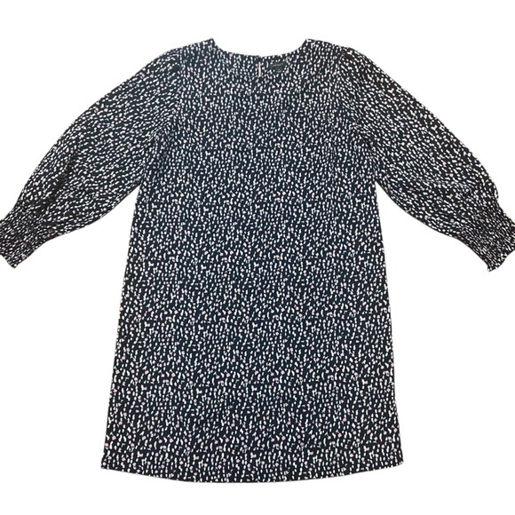 Ann Taylor Factory Shift Dress Size 10 Black Print Shirred Sleeves Comfort Boxy - Picture 2 of 13